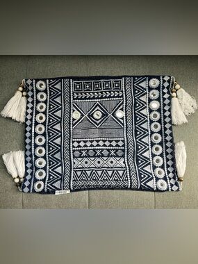 Kim Seybert Navy & White Embroidered and Mirrors Tassel Pillow Cover 100% Cotton